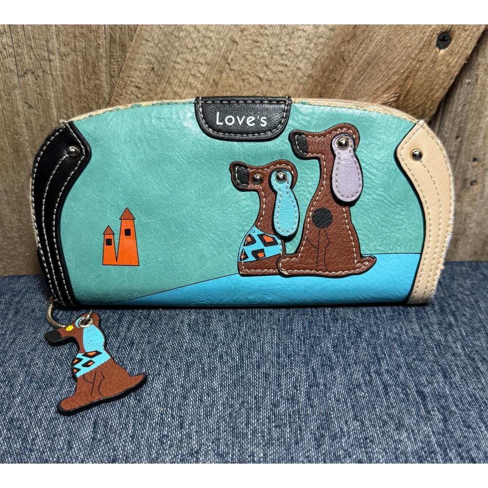 Love's Faux Leather Wallet Blue W/ Cartoon Dog Design & Matching Zipper Pull